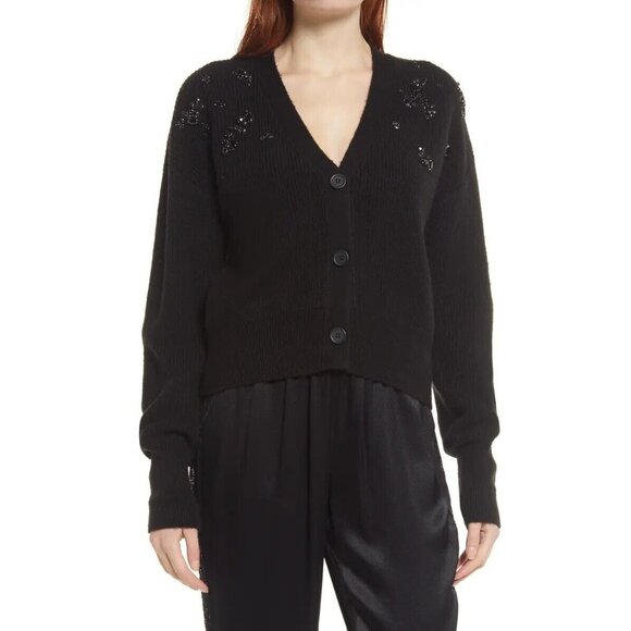 Halogen Women's Embellished Cropped Cardigan Sweater Black Size Medium - Picture 1 of 10